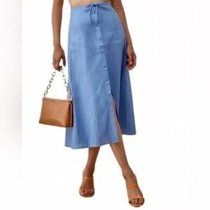 Reformation Blue Linen A Line Midi Skirt Tie Waist Women’s Size 2 NWOT